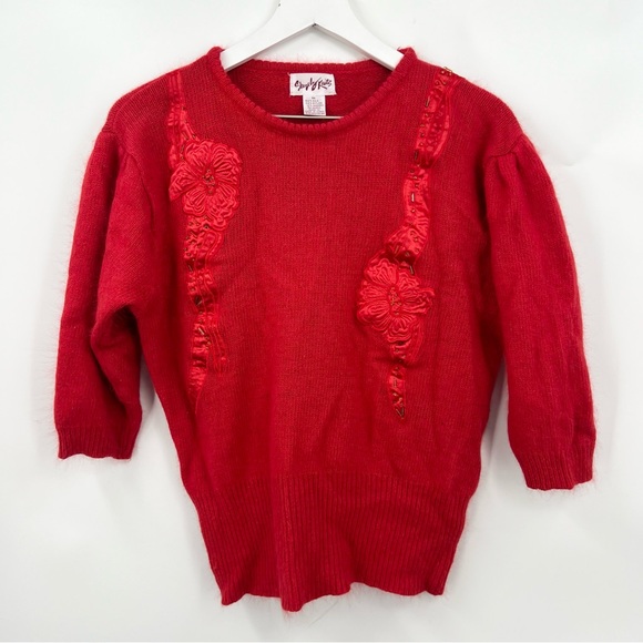 VTG Shapely Knits Sweater Beaded 3/4 Sleeve Pullover Silk Nylon Angora Red Med - Picture 1 of 7